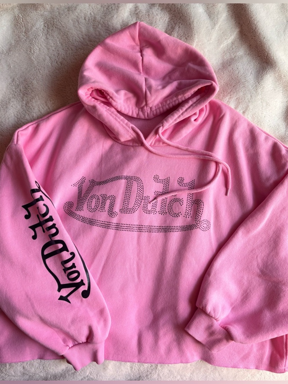 Von Dutch Pink Logo Hoodie with Black rhinestone and Script Sleeve